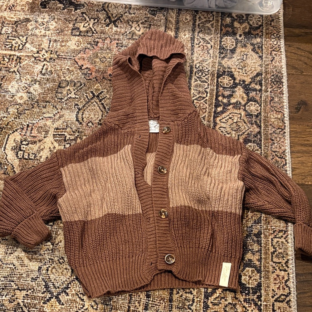 Hooded Colorblock Button-Front Cardigan Sweater - Brown/Tan